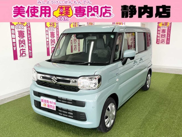 スズキ スペーシア ハイブリッド X 4WD 衝突被害軽減ブレーキ 両側パワースライドドア プッシュスタート シートヒーター オートエアコン LEDヘッドライト アイドリングストップ 横滑り防止機能 ABS 電格ミラー (オフブルーメタリック)